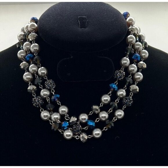 Monet Jewelry - Monet Necklace Faux Silver Pearl, Blue and Silver Faceted Beads Gunmetal Vintage